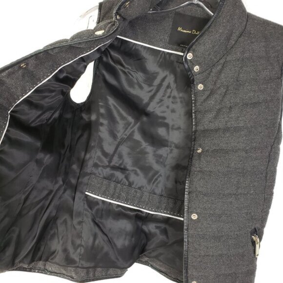 Massimo Dutti Puffer Vest Snap Buttons size XS Black/ Gray Leather Trim - Picture 6 of 15